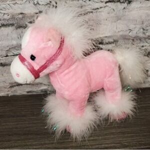 Animal Alley Pony Horse Pink - White Swan Fur 9 in Tall Plush Toy Sparkle Hooves